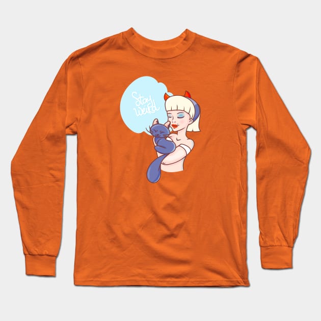 Stay Weird Witch Girl with a Cat Long Sleeve T-Shirt by tatadonets